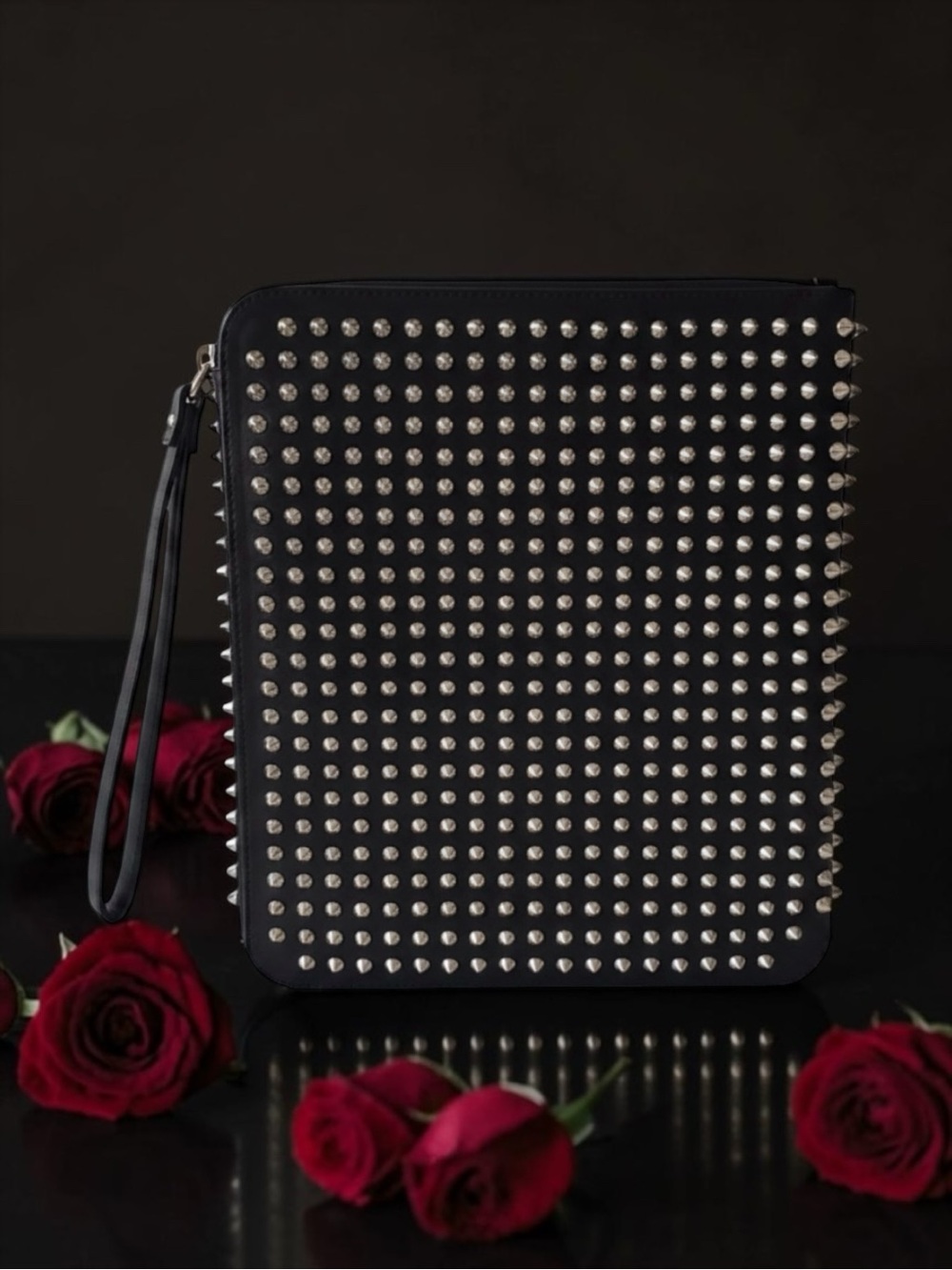 Authentic Christian Louboutin Black Studded Leather iPad Case / Clutch - LK